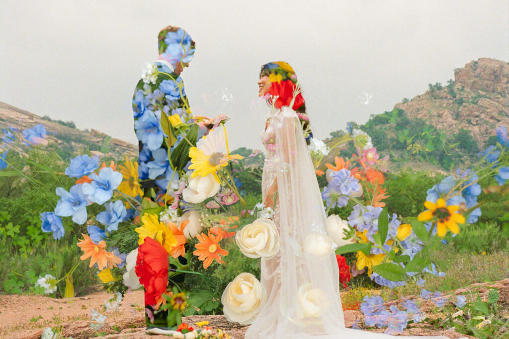 film double exposure of a couple and florals