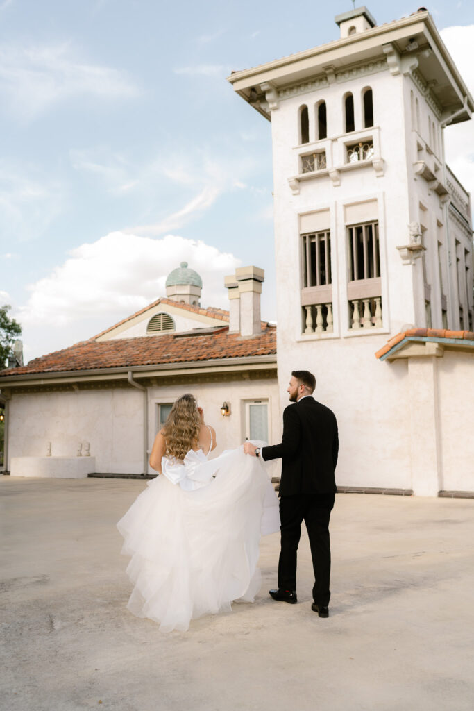 Couple walks to private patio 