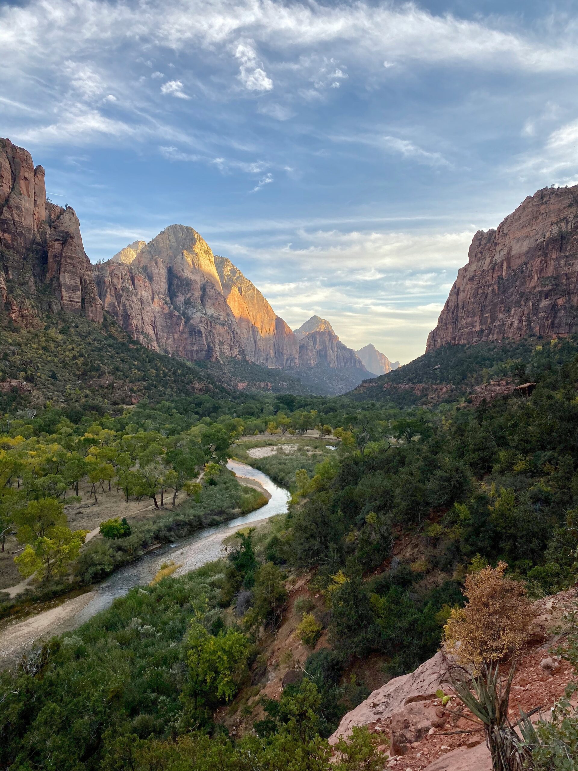 A river flows through a lush canyon at sunrise with clear blue skies