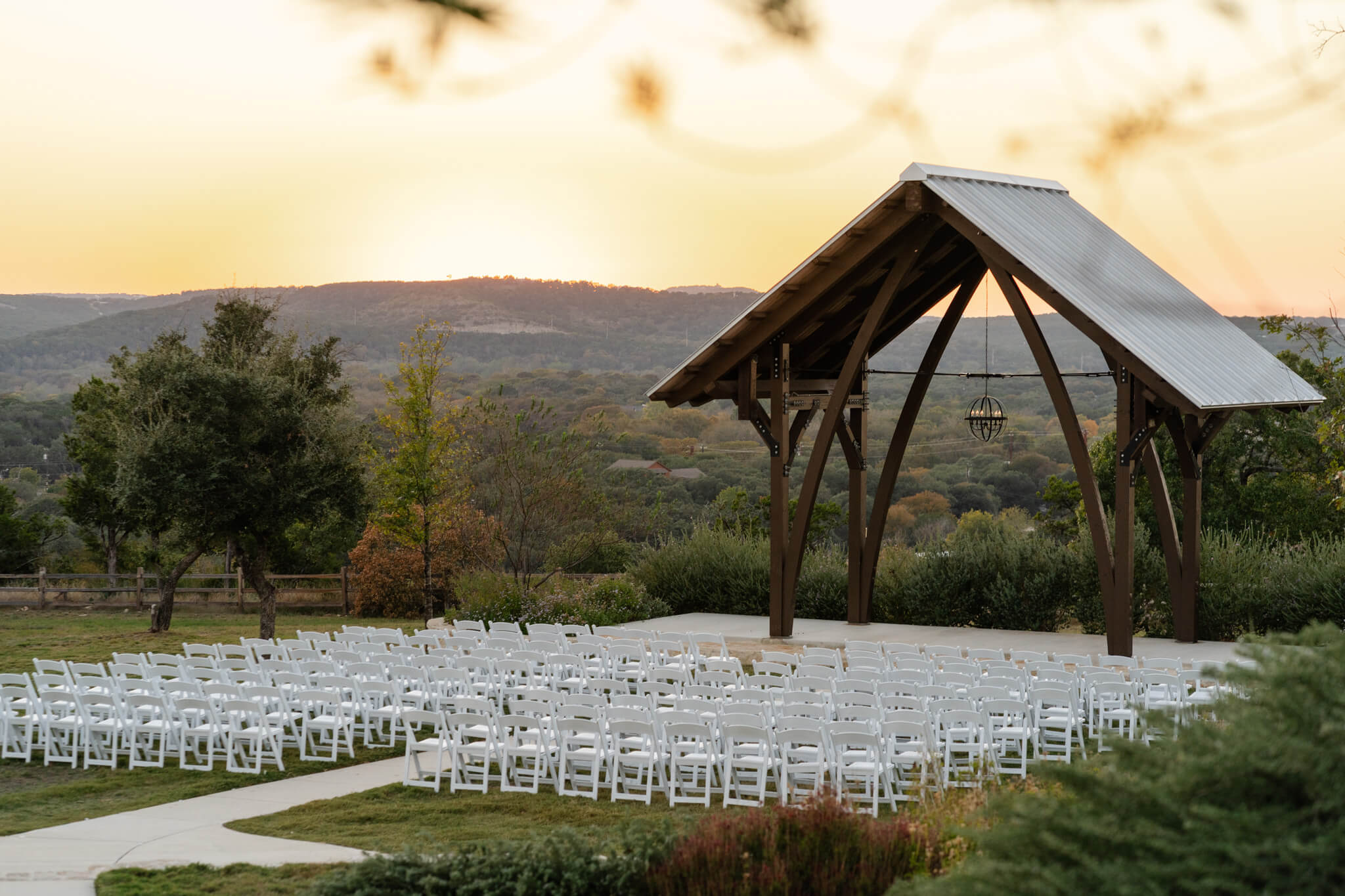 overview of a Texas Hill Country wedding venue during the sunset