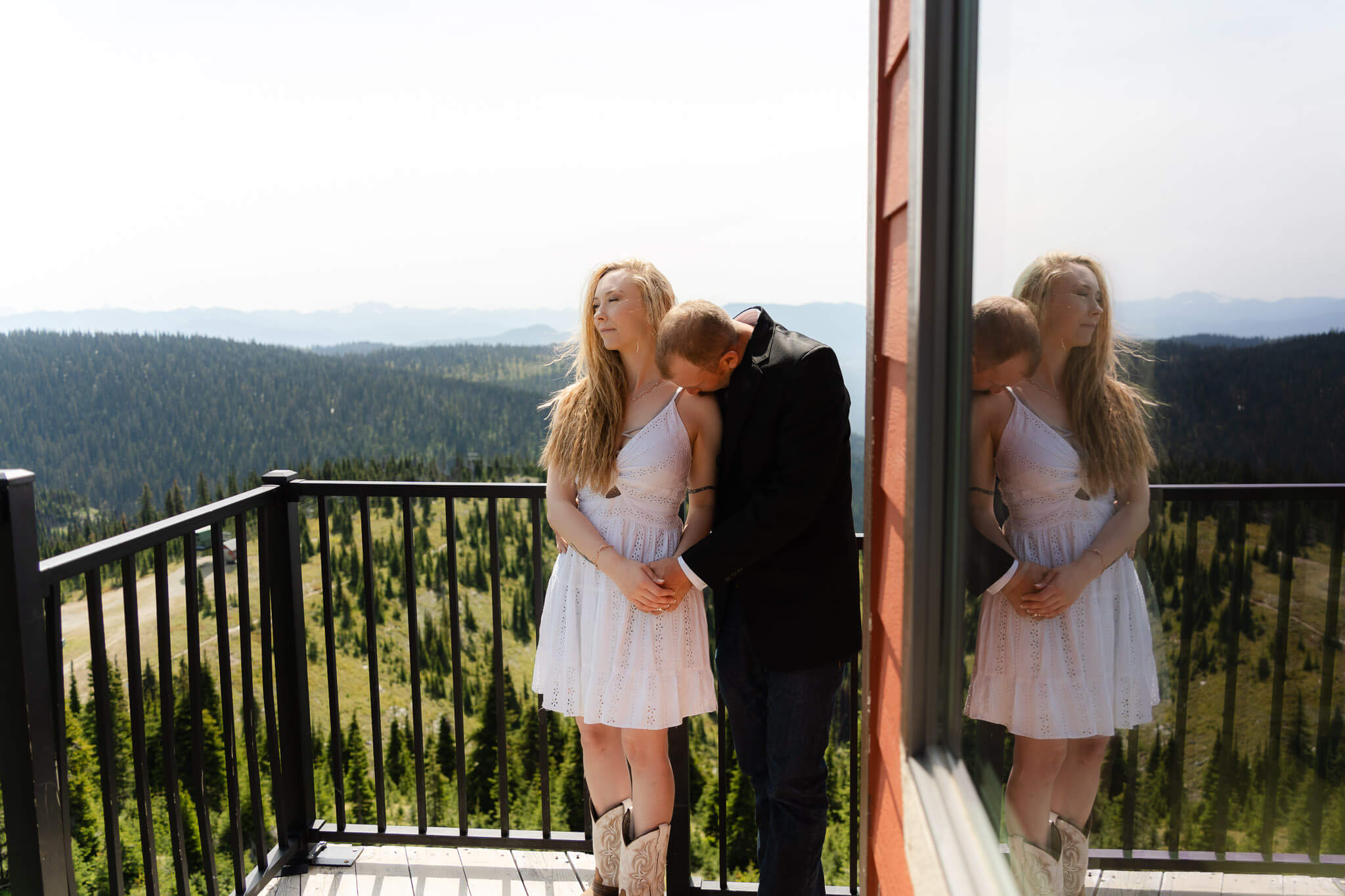 Bride and groom on Big Mountain at Whitefish Mountain Resort wedding adventure session