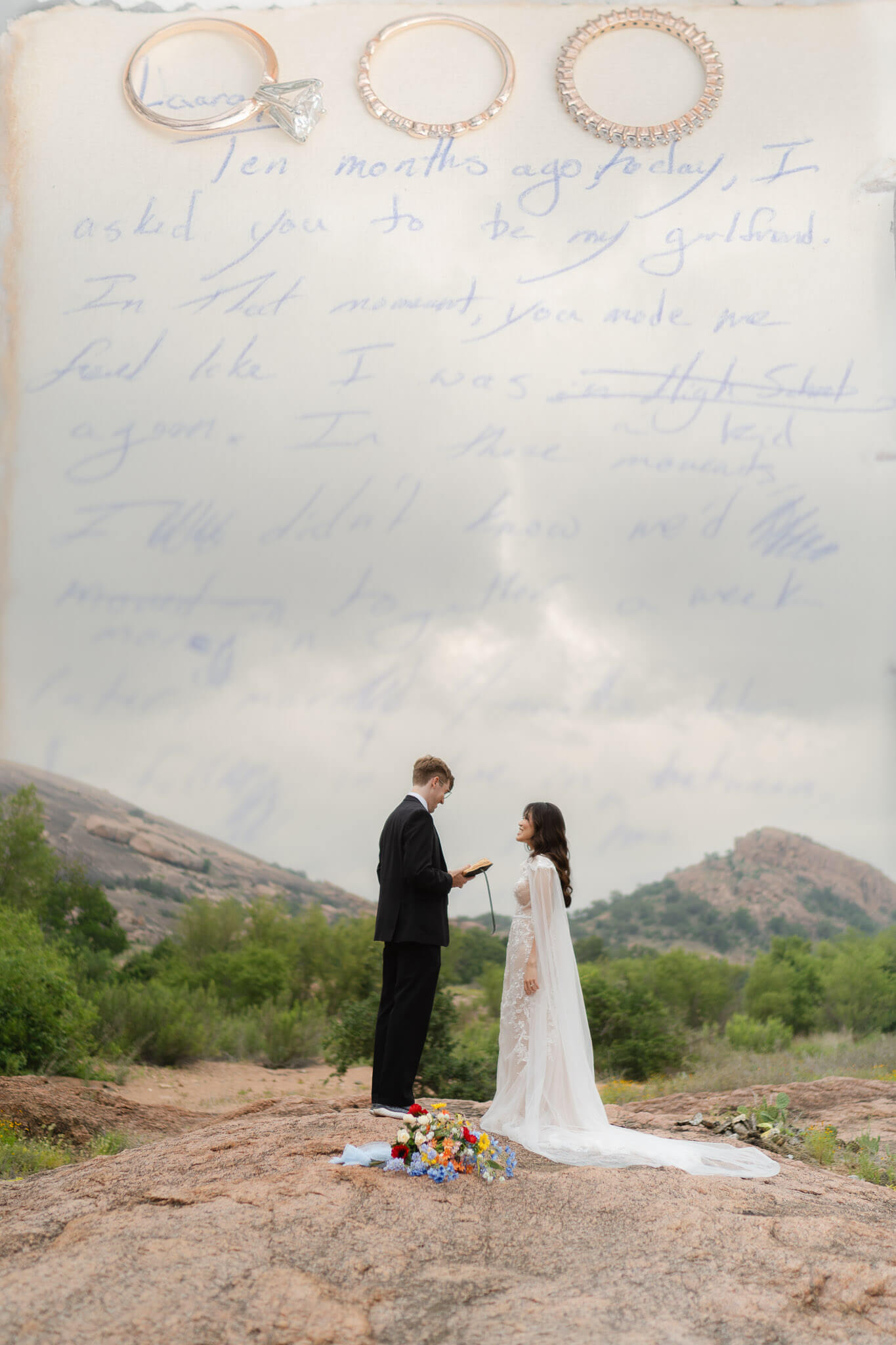 couple sharing their vows with a double exposure of their vows, showcasing important things to consider to bring when you elope in Utah