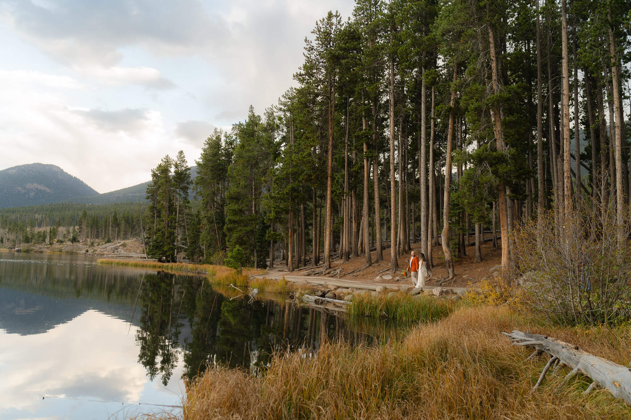 couple walking along a lakeside