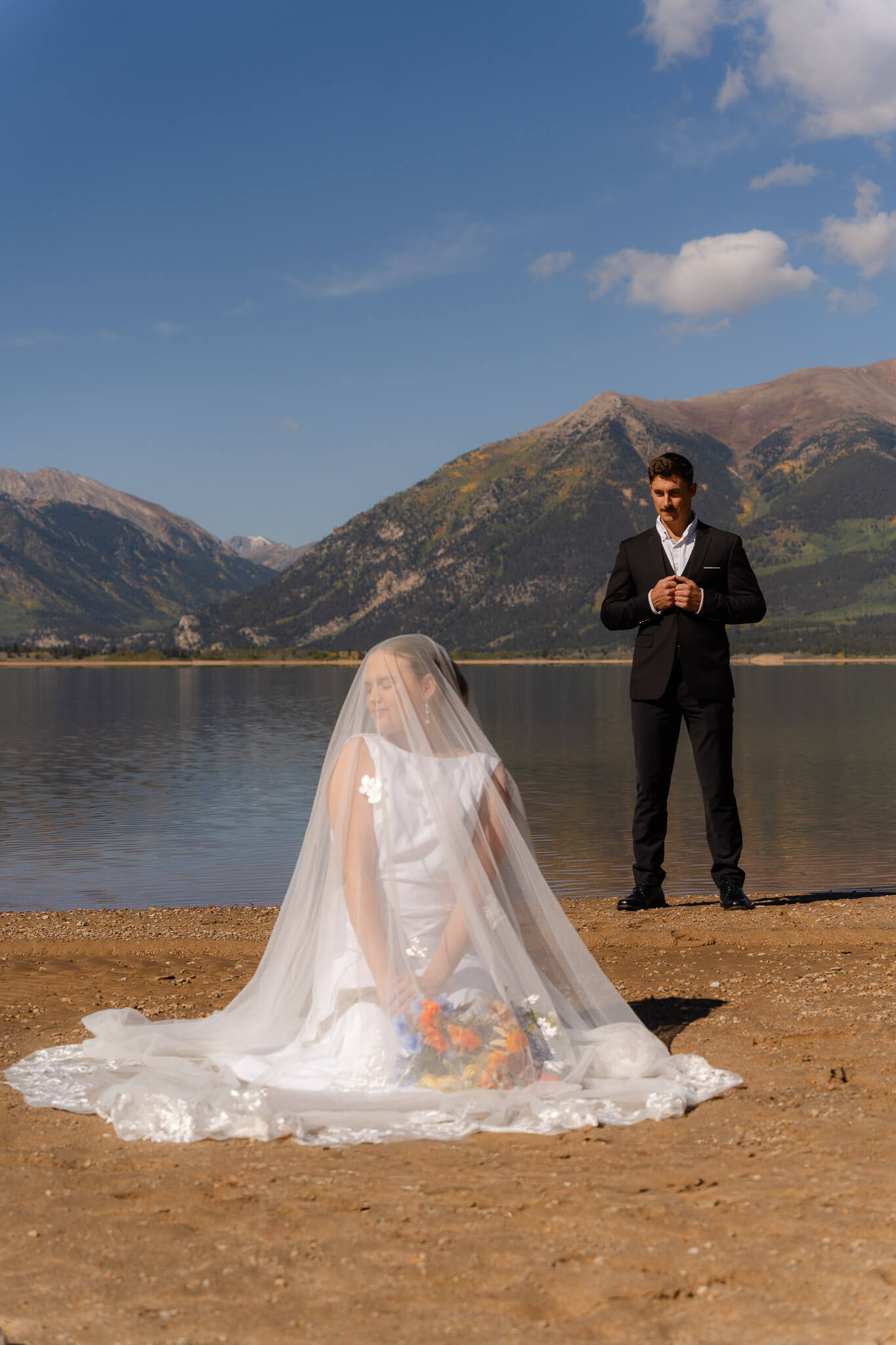 editorial photo of a bride and groom at their Twin Lakes elopement