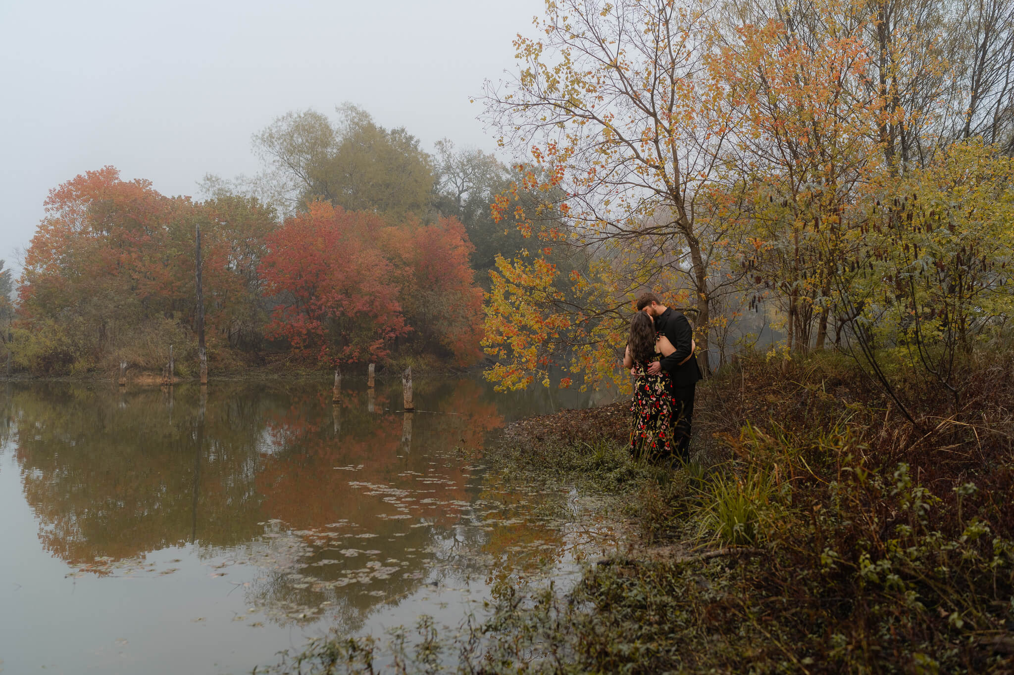 Misty fall morning Hill country Texas engagement photos